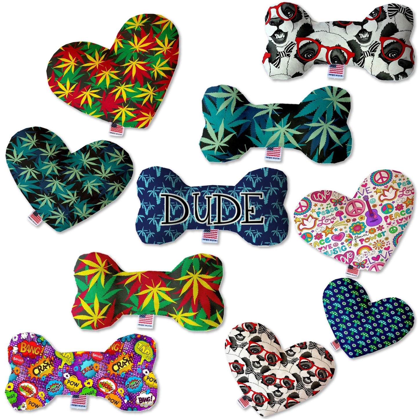 Pet, Dog Plush Heart or Bone Toy, "Mary Jane Group" (Available in different sizes, and 7 different pattern options!)