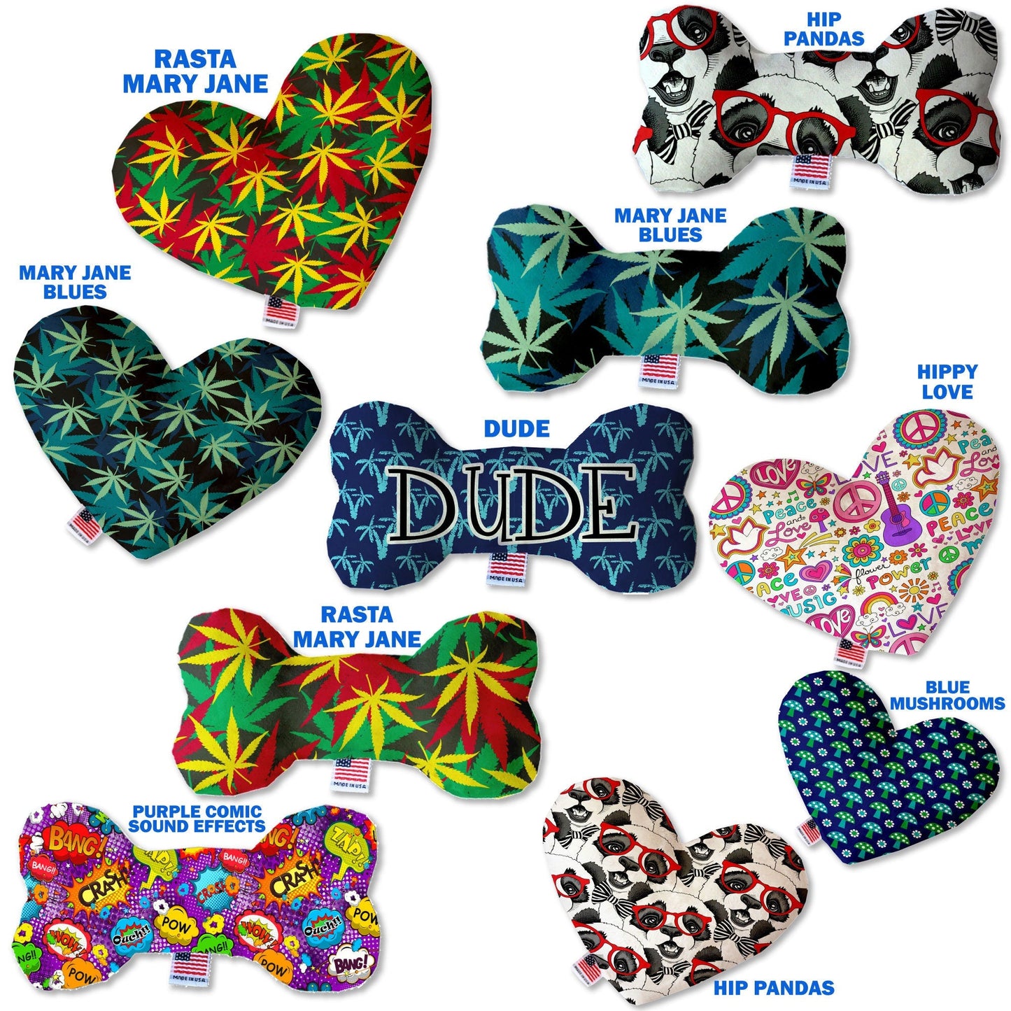 Pet, Dog Plush Heart or Bone Toy, "Mary Jane Group" (Available in different sizes, and 7 different pattern options!)