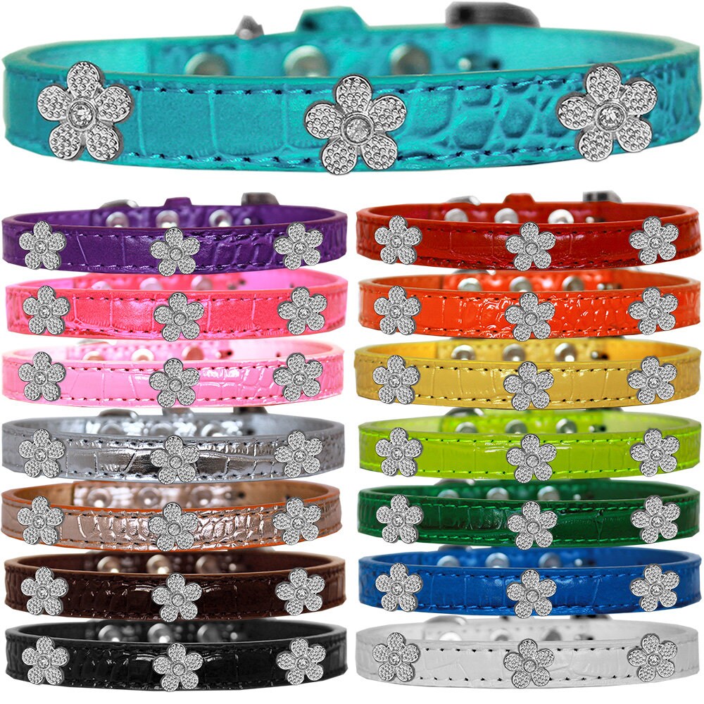 Dog, Puppy & Pet Designer Croc Widget Collar, "Silver Flowers"