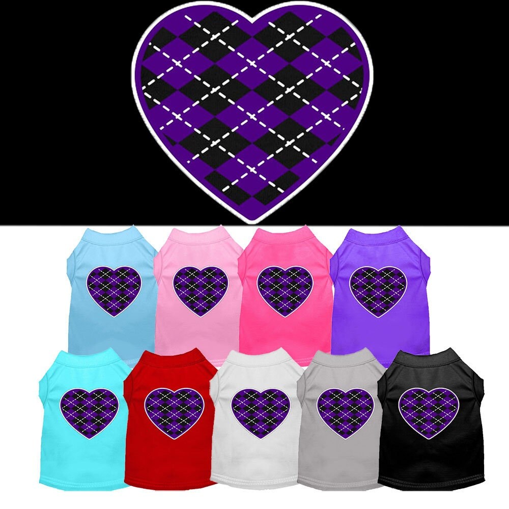 Pet Dog & Cat Shirt Screen Printed, "Argyle Heart Purple"