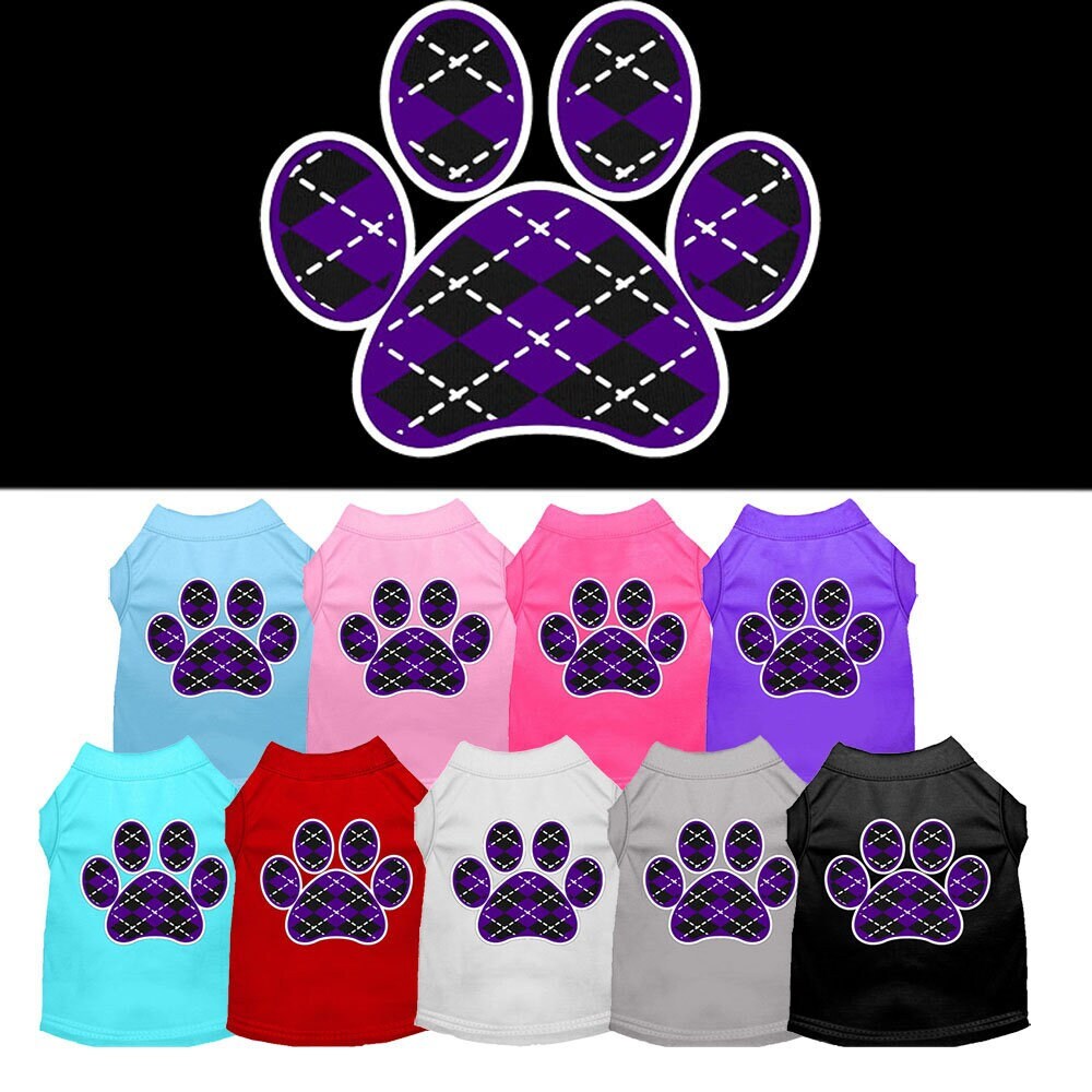 Pet Dog & Cat Shirt Screen Printed, "Argyle Paw Purple"