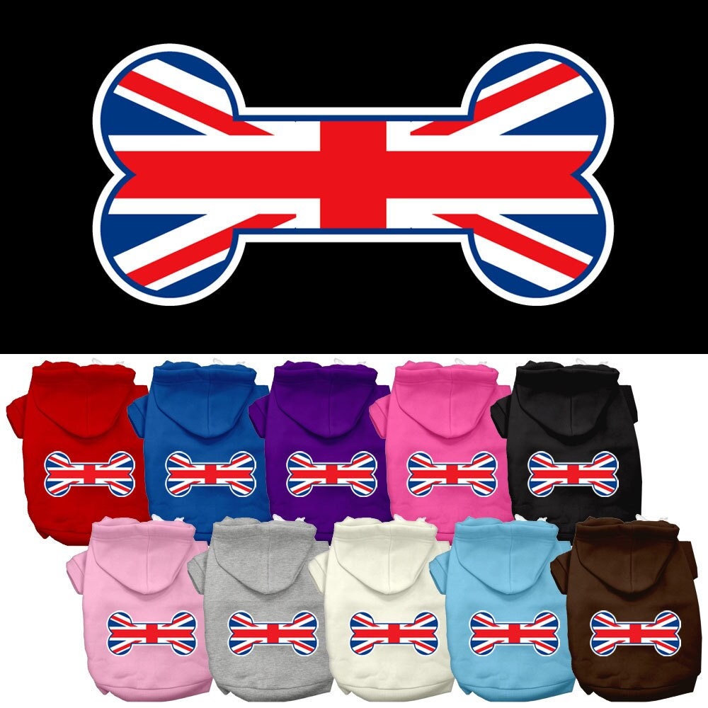 Pet, Dog & Cat Hoodie Screen Printed, "Bone Shaped Flag United Kingdom (Union Jack) Flag"