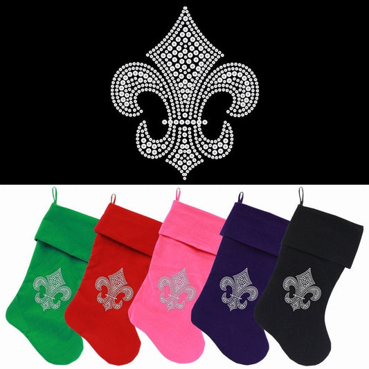 Velvet Christmas Stocking Rhinestone, "Silver Fleur De Lis"