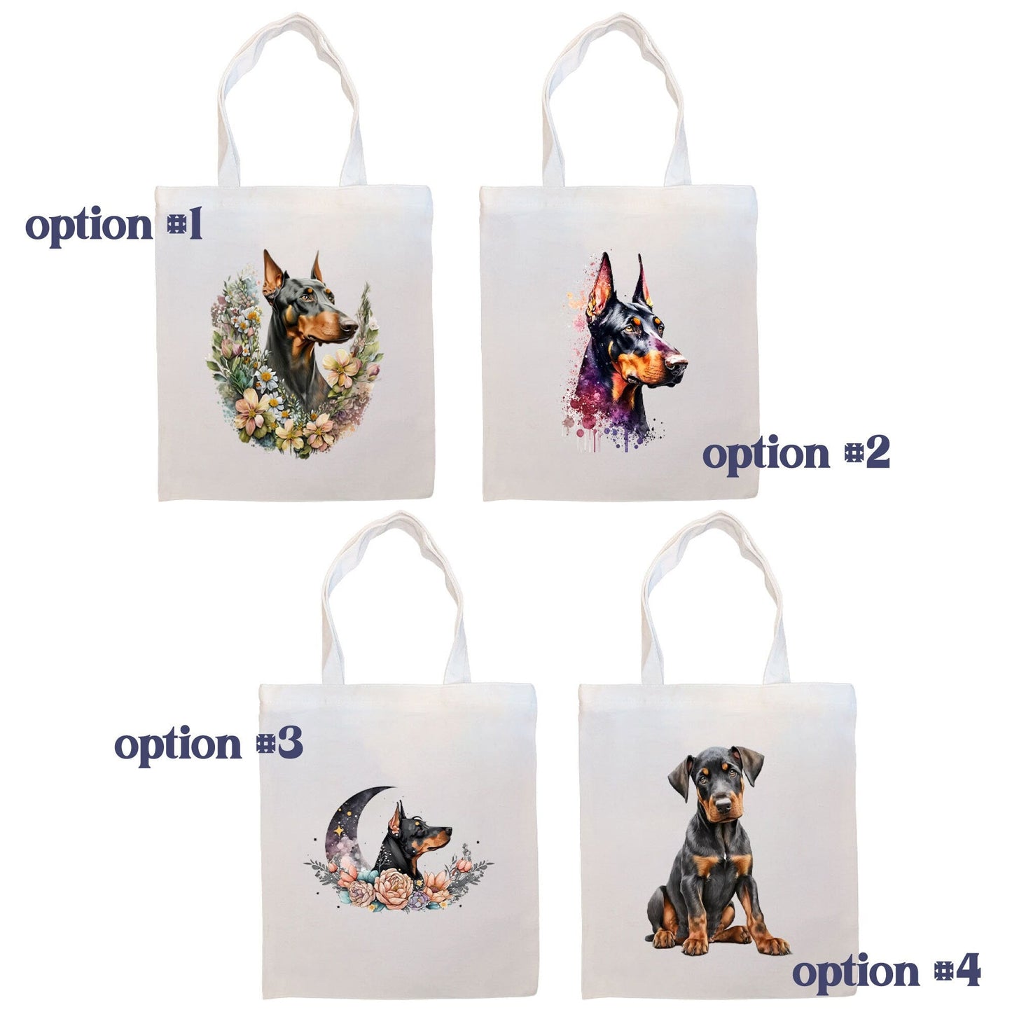 Canvas Tote Bag, Zippered With Handles & Inner Pocket, "Doberman"