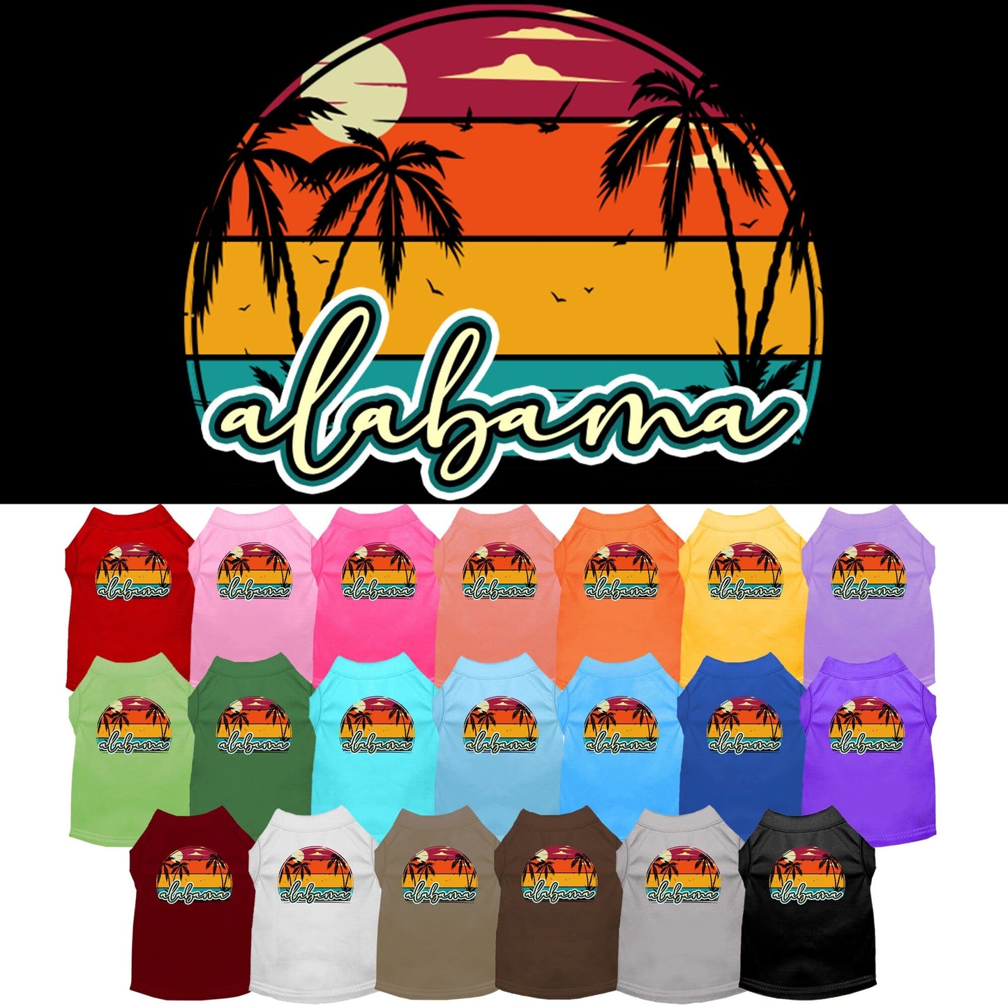 Pet Dog & Cat Screen Printed Shirt for Small to Medium Pets (Sizes XS-XL), "Alabama Retro Beach Sunset"