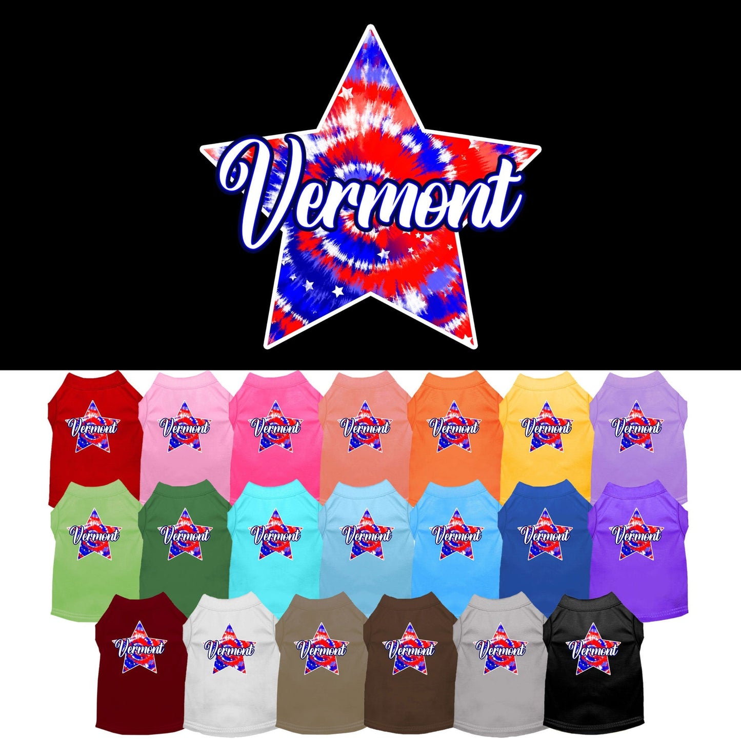 Pet Dog & Cat Screen Printed Shirt for Small to Medium Pets (Sizes XS-XL), "Vermont Patriotic Tie Dye"