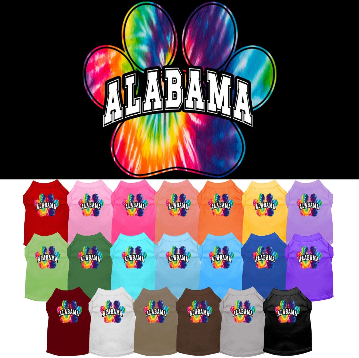 Pet Dog & Cat Screen Printed Shirt for Medium to Large Pets (Sizes 2XL-6XL), "Alabama Bright Tie Dye"