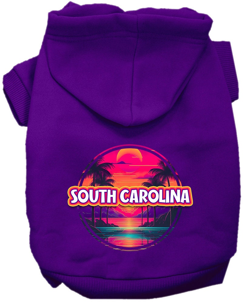 Pet Dog & Cat Screen Printed Hoodie for Small to Medium Pets (Sizes XS-XL), "South Carolina Neon Beach Sunset"