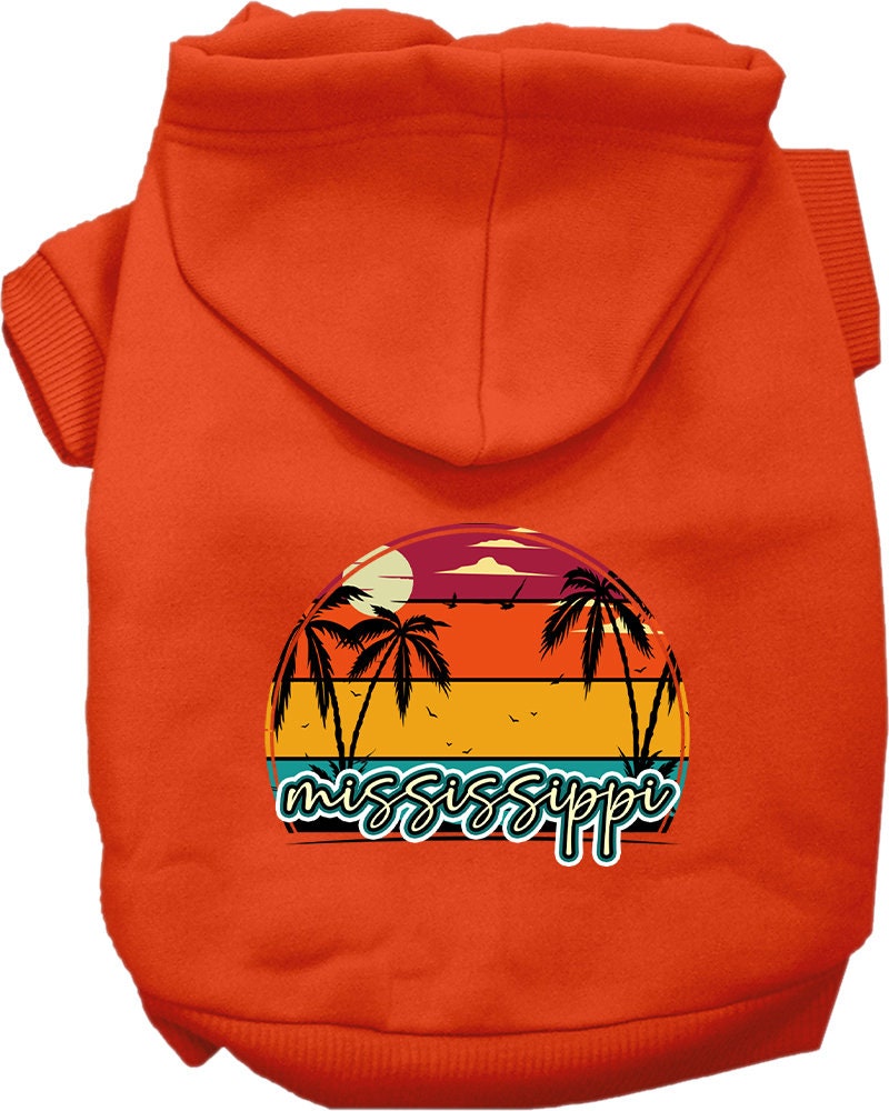 Pet Dog & Cat Screen Printed Hoodie for Small to Medium Pets (Sizes XS-XL), "Mississippi Retro Beach Sunset"