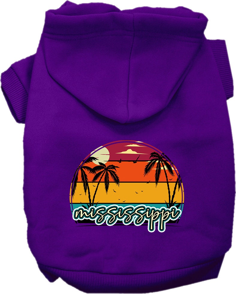 Pet Dog & Cat Screen Printed Hoodie for Small to Medium Pets (Sizes XS-XL), "Mississippi Retro Beach Sunset"