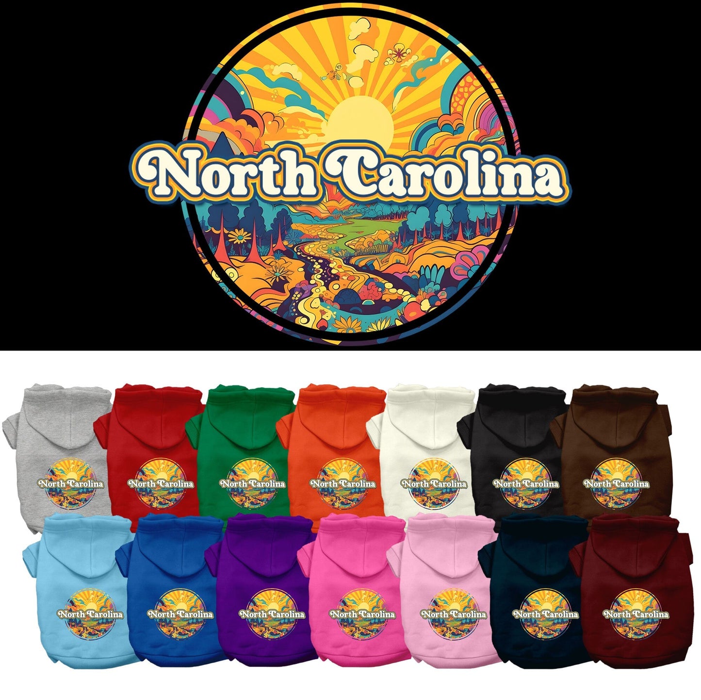 Pet Dog & Cat Screen Printed Hoodie for Small to Medium Pets (Sizes XS-XL), "North Carolina Trippy Peaks"