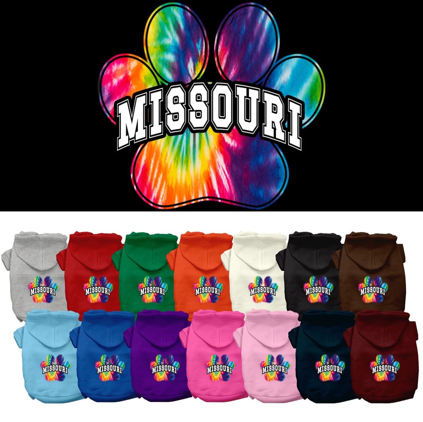 Pet Dog & Cat Screen Printed Hoodie for Small to Medium Pets (Sizes XS-XL), "Missouri Bright Tie Dye"