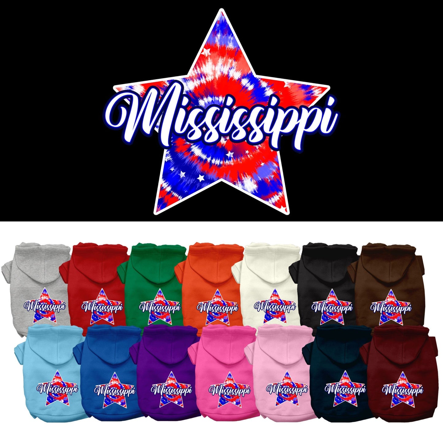 Pet Dog & Cat Screen Printed Hoodie for Small to Medium Pets (Sizes XS-XL), "Mississippi Patriotic Tie Dye"