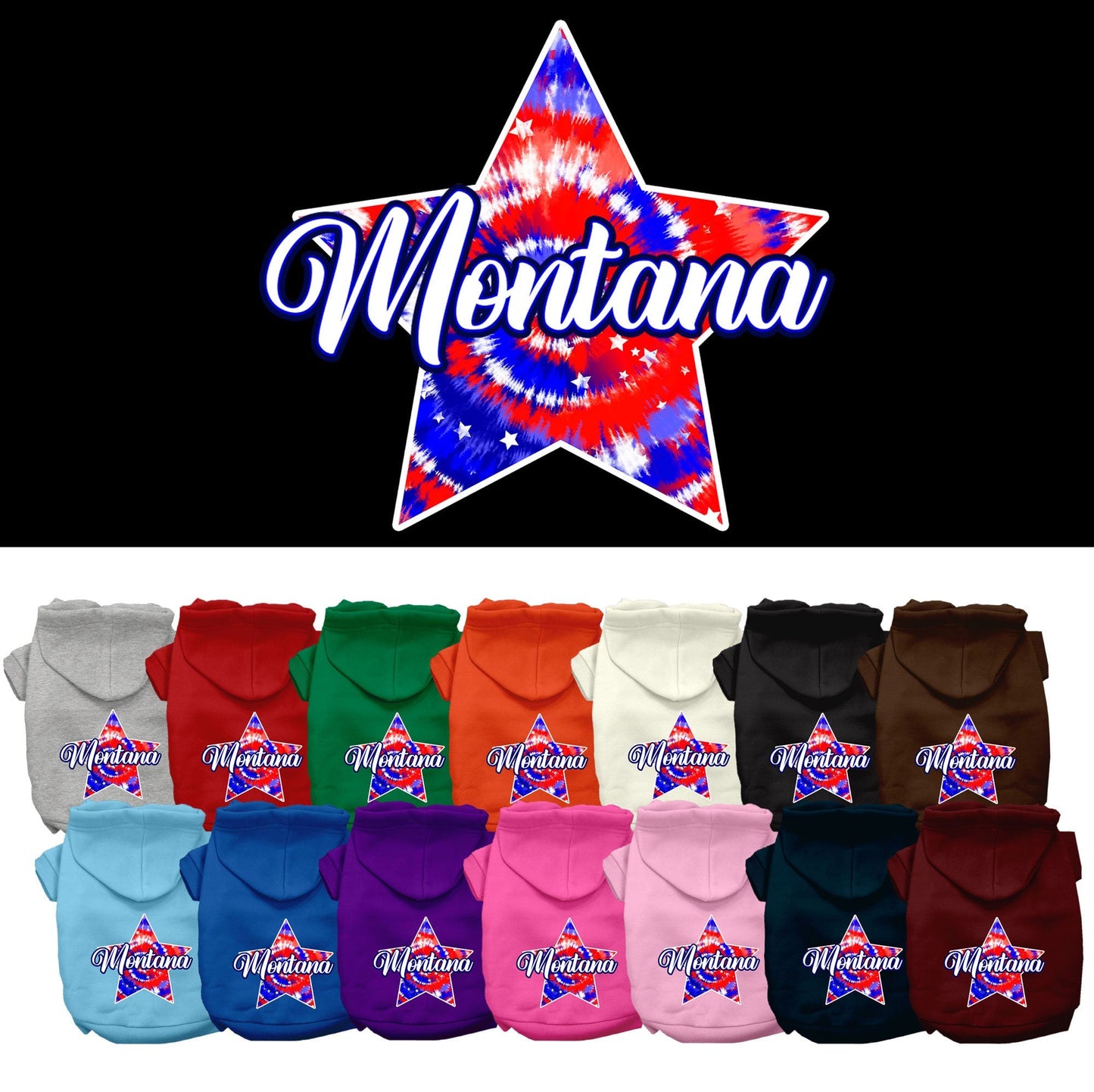 Pet Dog & Cat Screen Printed Hoodie for Small to Medium Pets (Sizes XS-XL), "Montana Patriotic Tie Dye"