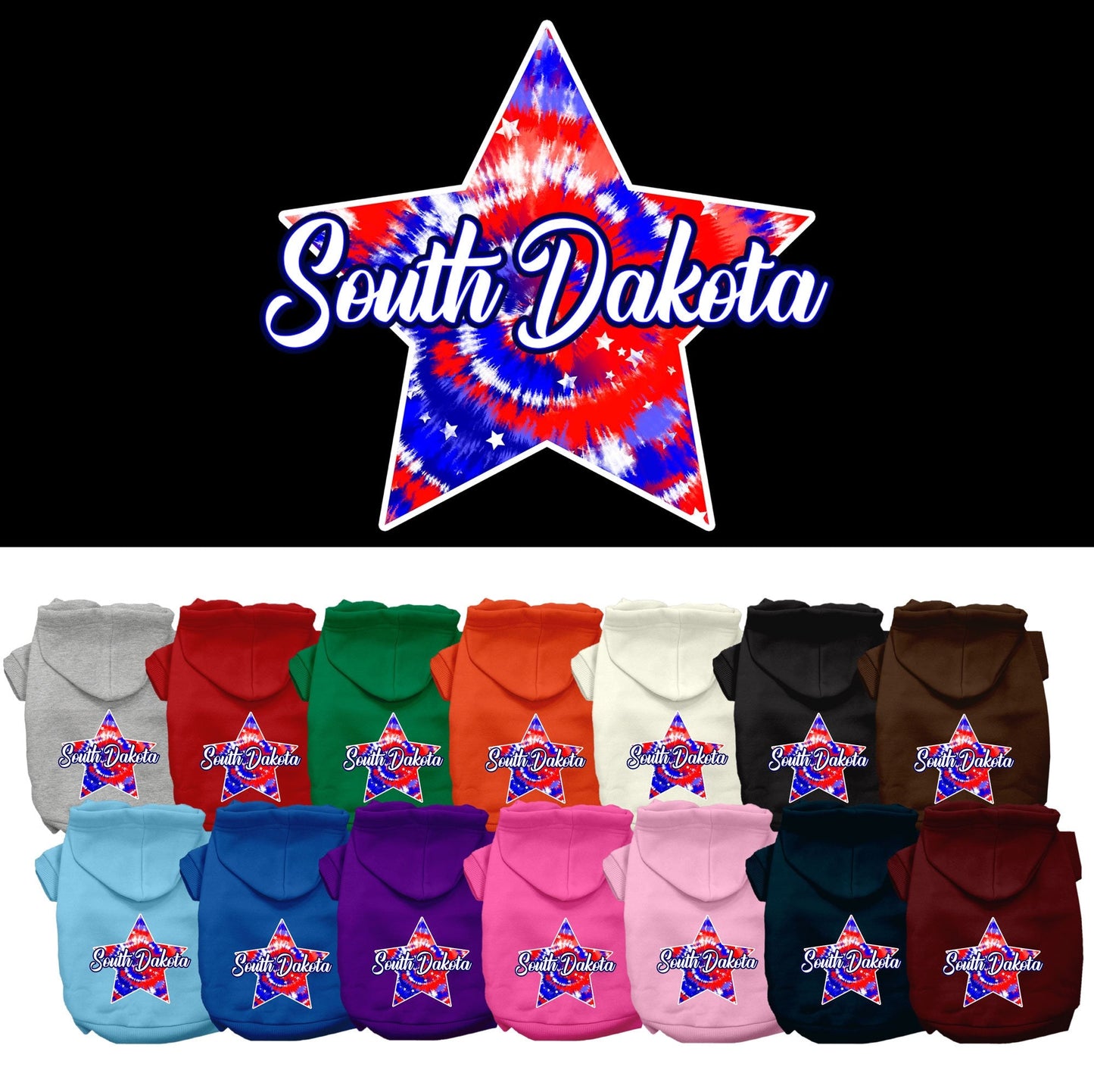 Pet Dog & Cat Screen Printed Hoodie for Small to Medium Pets (Sizes XS-XL), "South Dakota Patriotic Tie Dye"