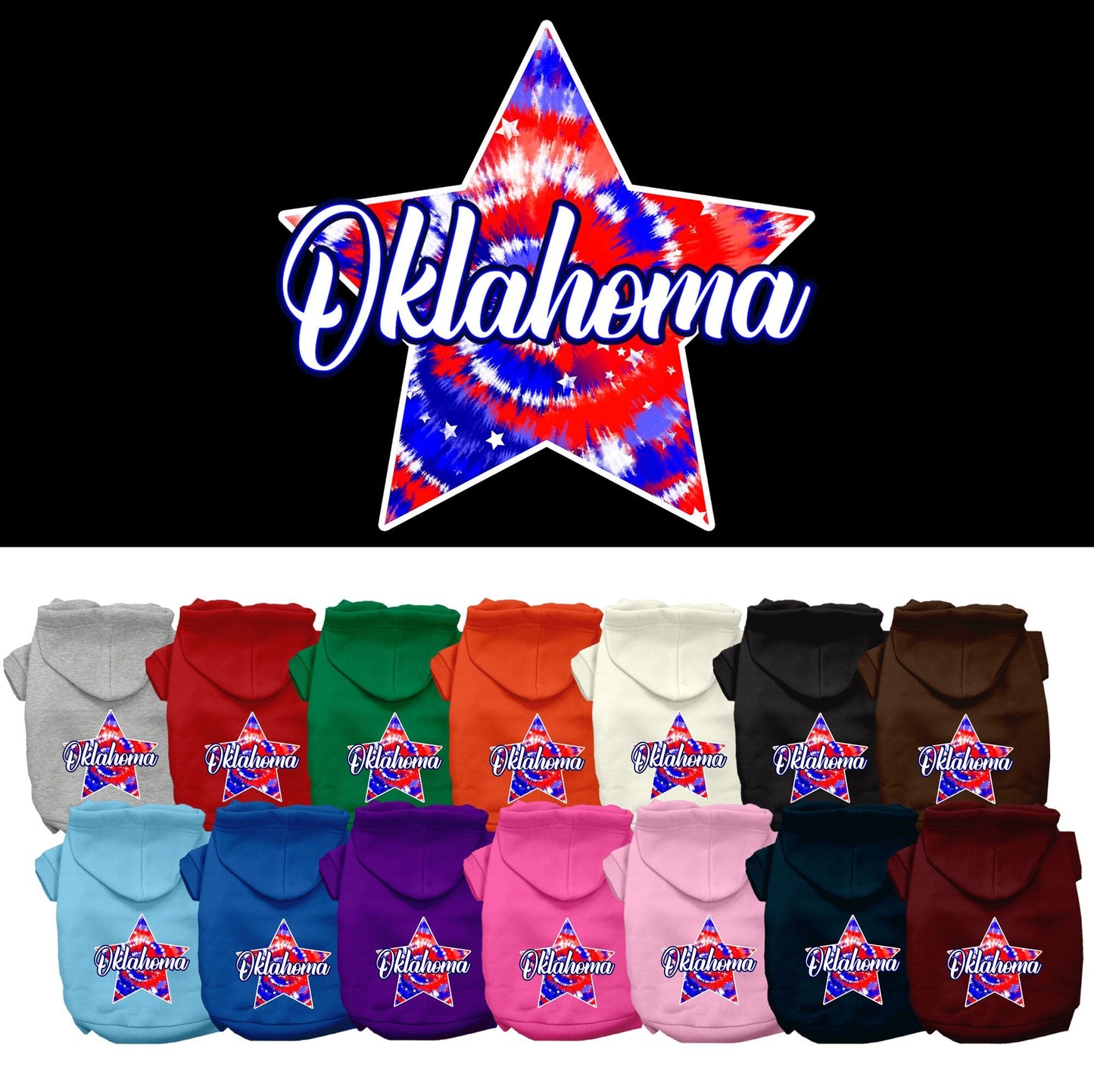 Pet Dog & Cat Screen Printed Hoodie for Small to Medium Pets (Sizes XS-XL), "Oklahoma Patriotic Tie Dye"