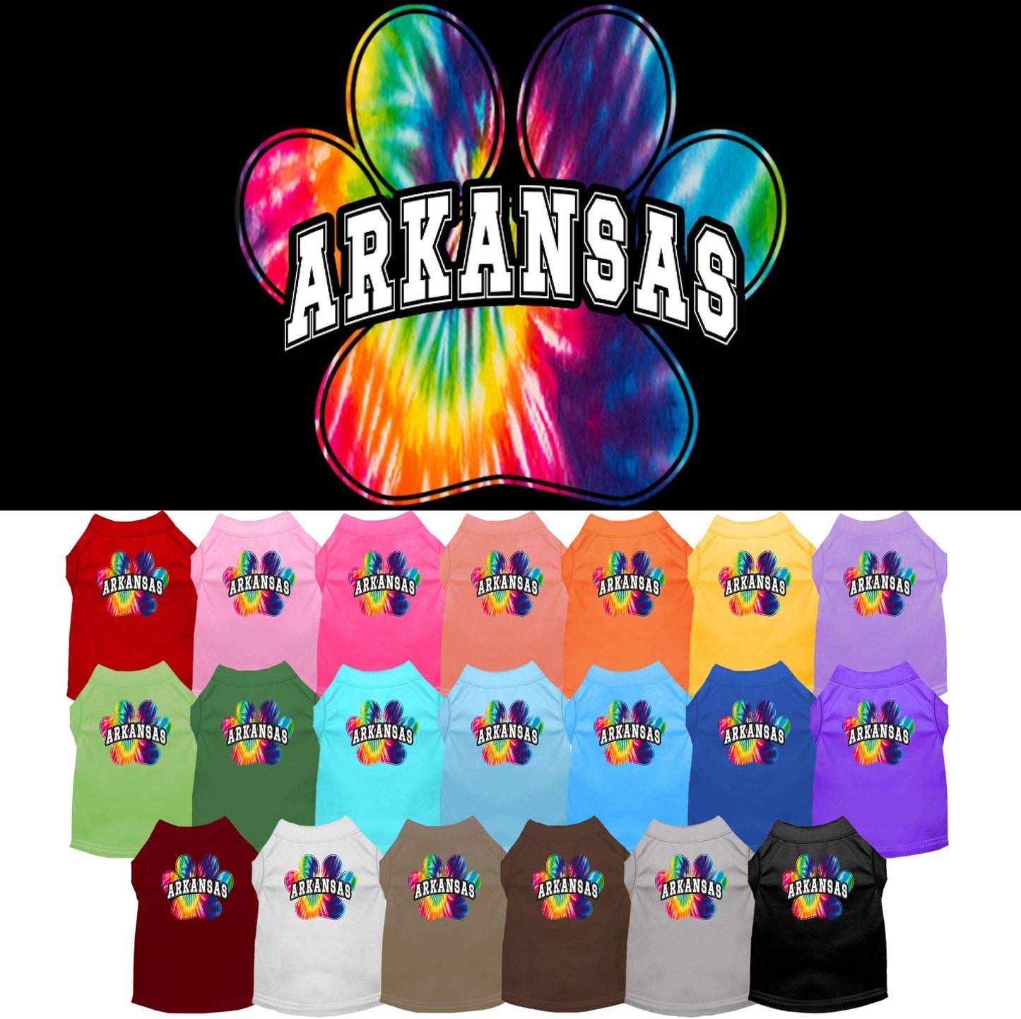 Pet Dog & Cat Screen Printed Shirt for Small to Medium Pets (Sizes XS-XL), "Arkansas Bright Tie Dye"