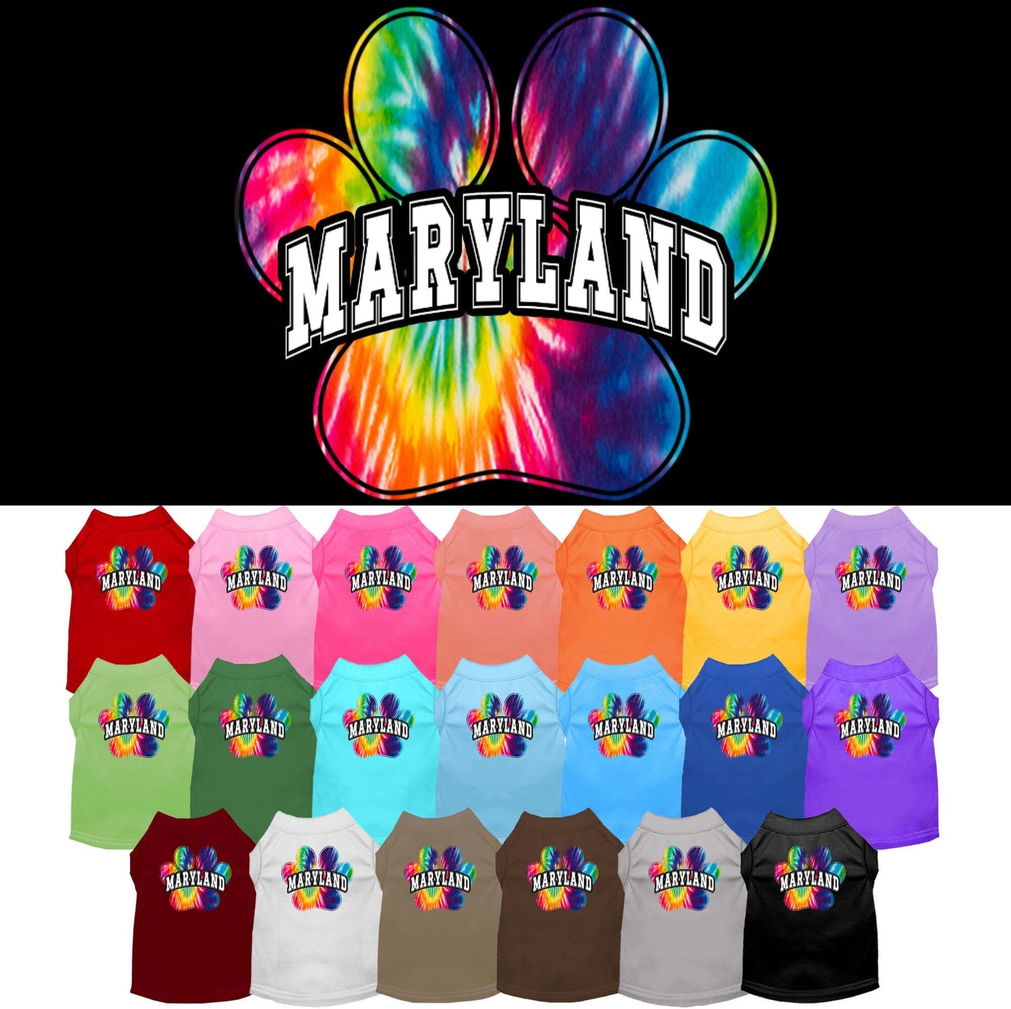 Pet Dog & Cat Screen Printed Shirt for Small to Medium Pets (Sizes XS-XL), "Maryland Bright Tie Dye"