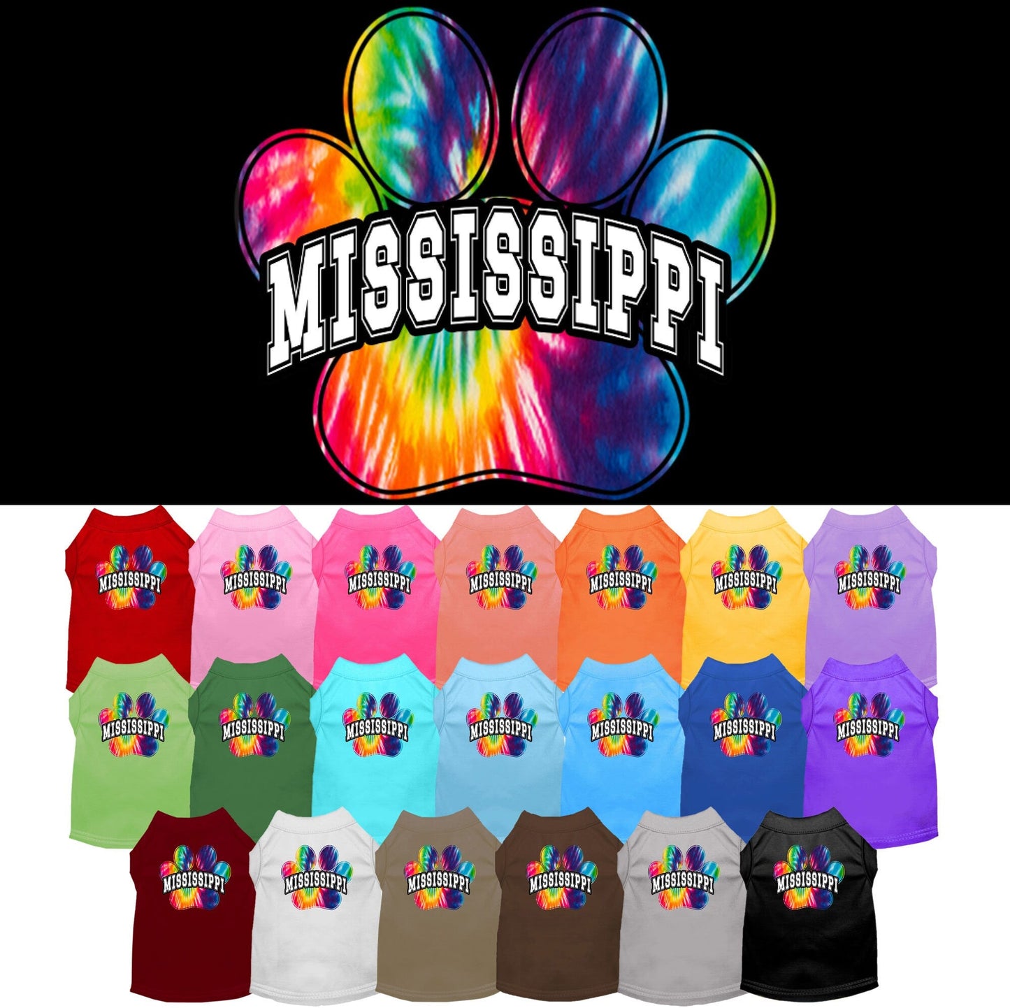 Pet Dog & Cat Screen Printed Shirt for Small to Medium Pets (Sizes XS-XL), "Mississippi Bright Tie Dye"