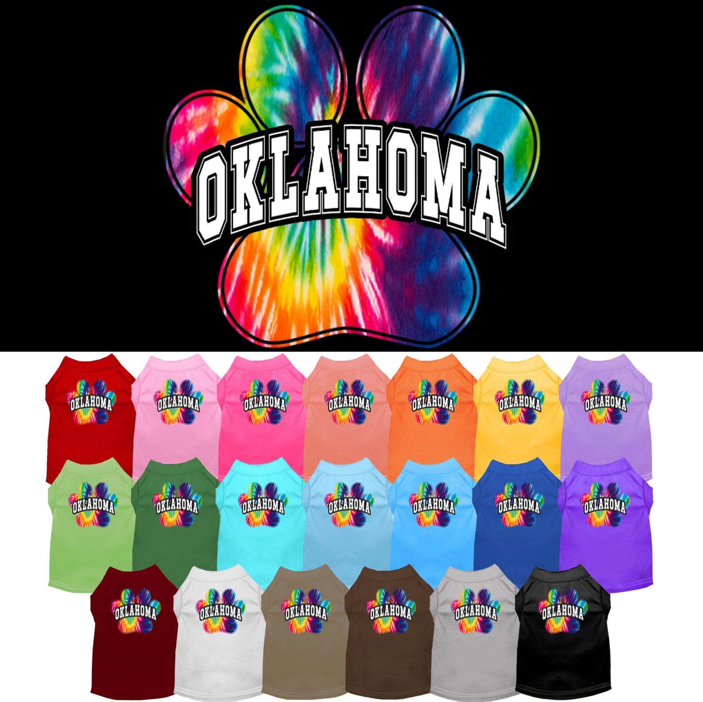 Pet Dog & Cat Screen Printed Shirt for Small to Medium Pets (Sizes XS-XL), "Oklahoma Bright Tie Dye"