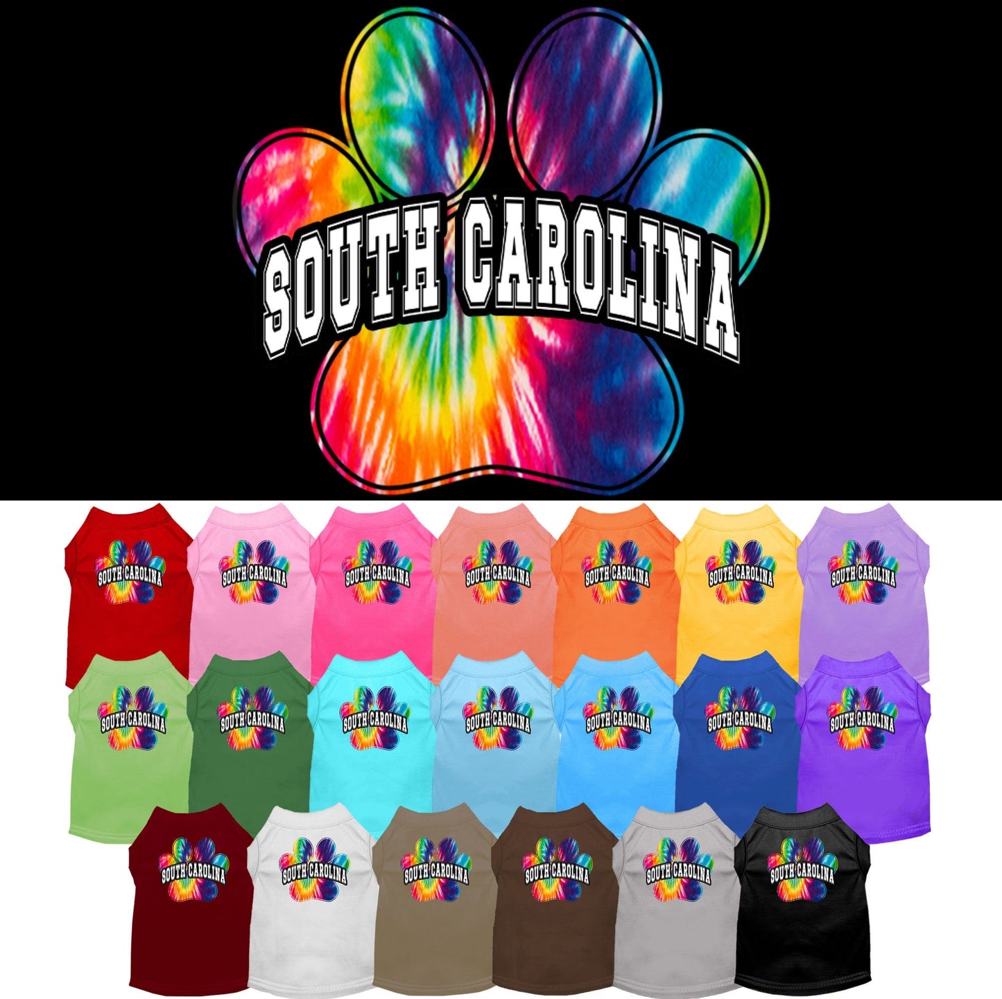 Pet Dog & Cat Screen Printed Shirt for Small to Medium Pets (Sizes XS-XL), "South Carolina Bright Tie Dye"