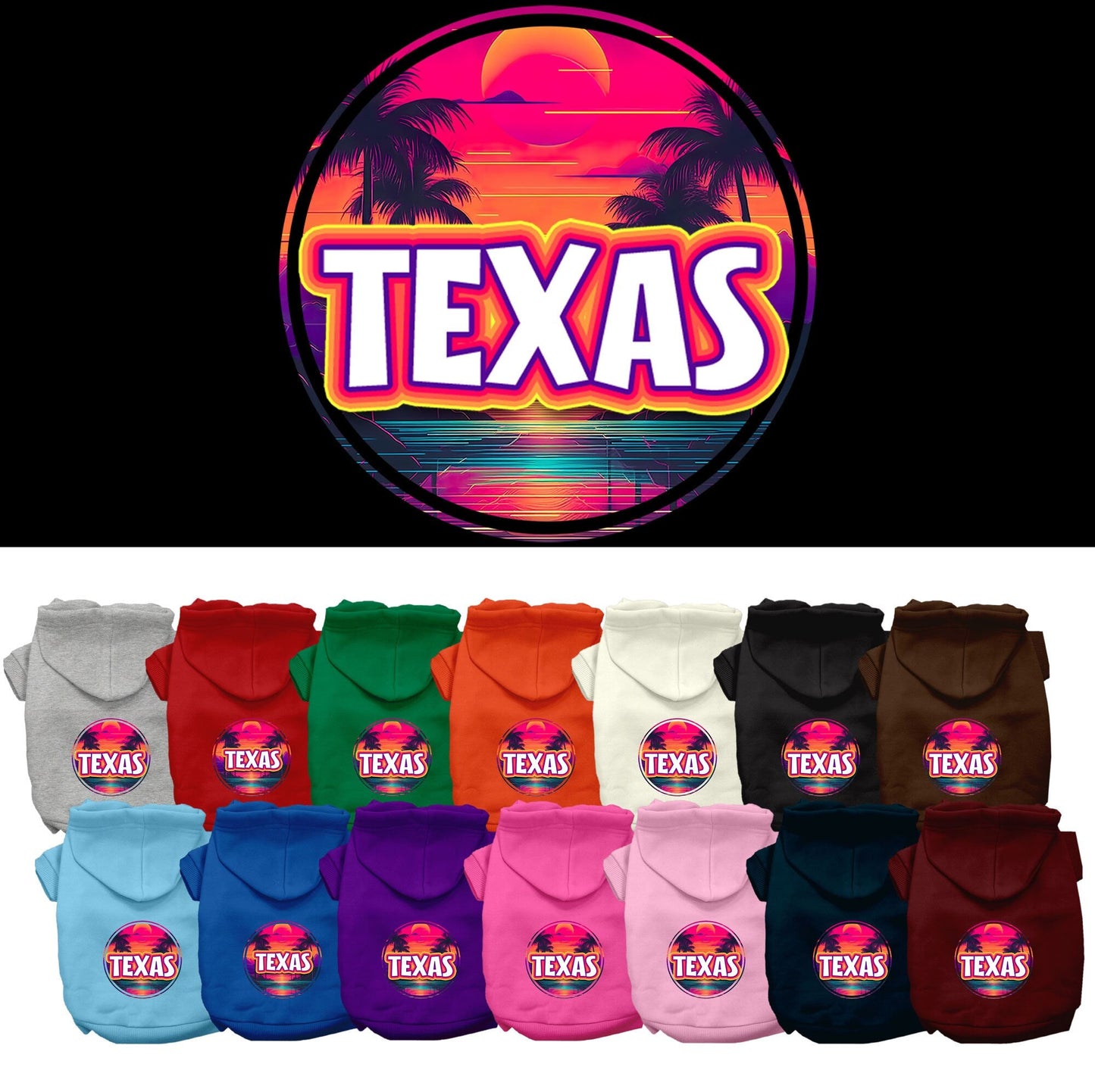 Pet Dog & Cat Screen Printed Hoodie for Small to Medium Pets (Sizes XS-XL), "Texas Neon Beach Sunset"