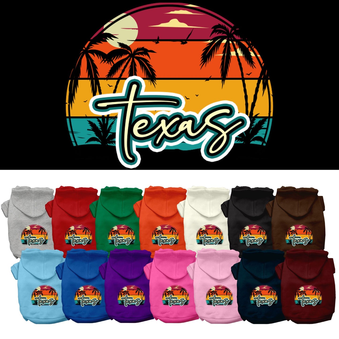 Pet Dog & Cat Screen Printed Hoodie for Small to Medium Pets (Sizes XS-XL), "Texas Retro Beach Sunset"