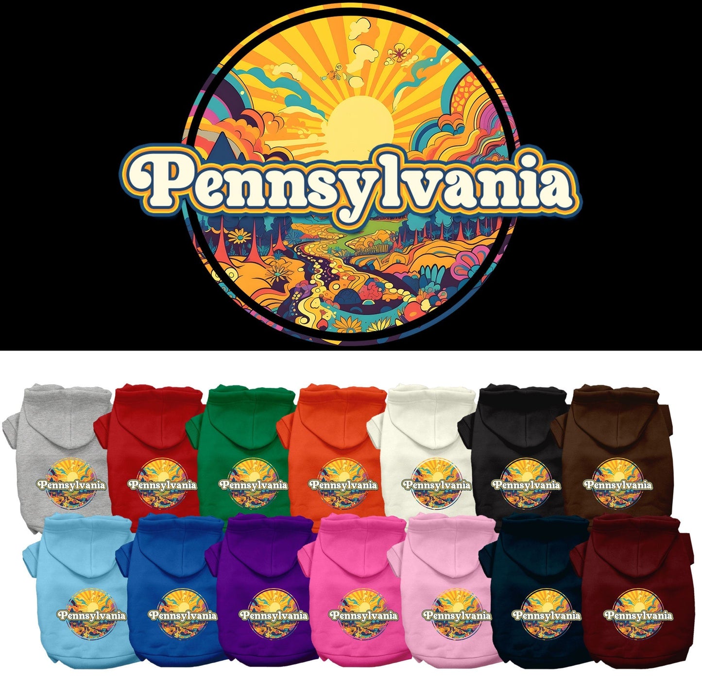 Pet Dog & Cat Screen Printed Hoodie for Small to Medium Pets (Sizes XS-XL), "Pennsylvania Trippy Peaks"