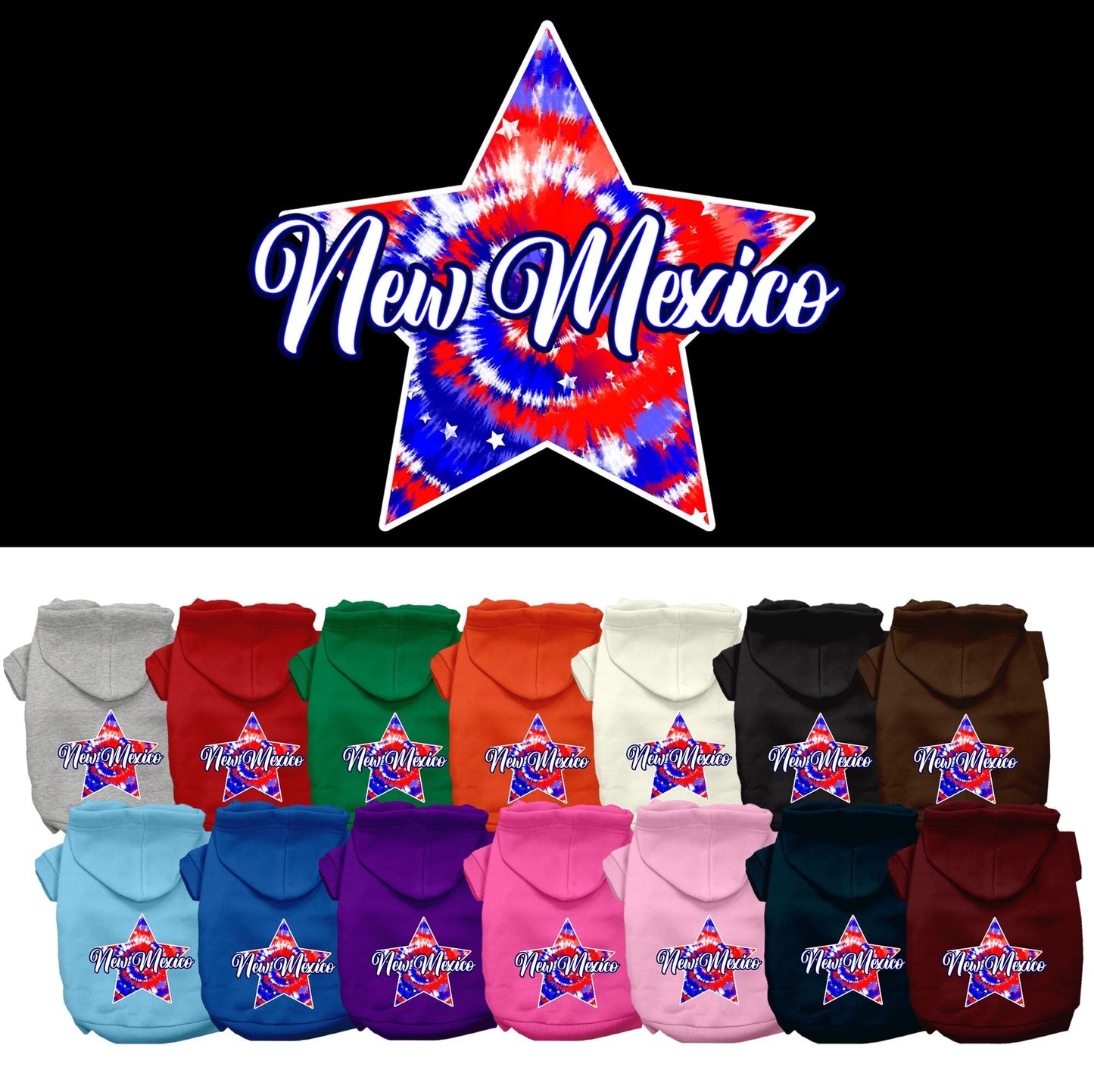 Pet Dog & Cat Screen Printed Hoodie for Small to Medium Pets (Sizes XS-XL), "New Mexico Patriotic Tie Dye"