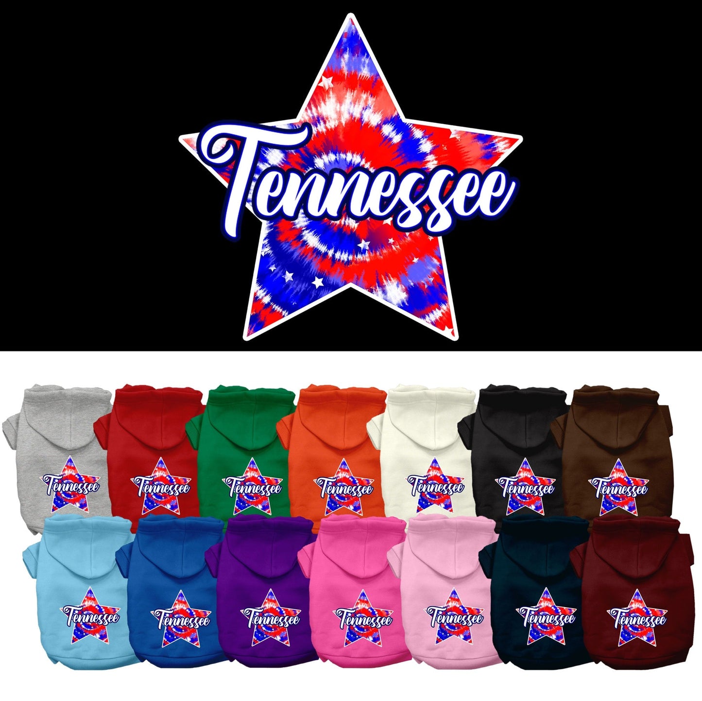 Pet Dog & Cat Screen Printed Hoodie for Small to Medium Pets (Sizes XS-XL), "Tennessee Patriotic Tie Dye"