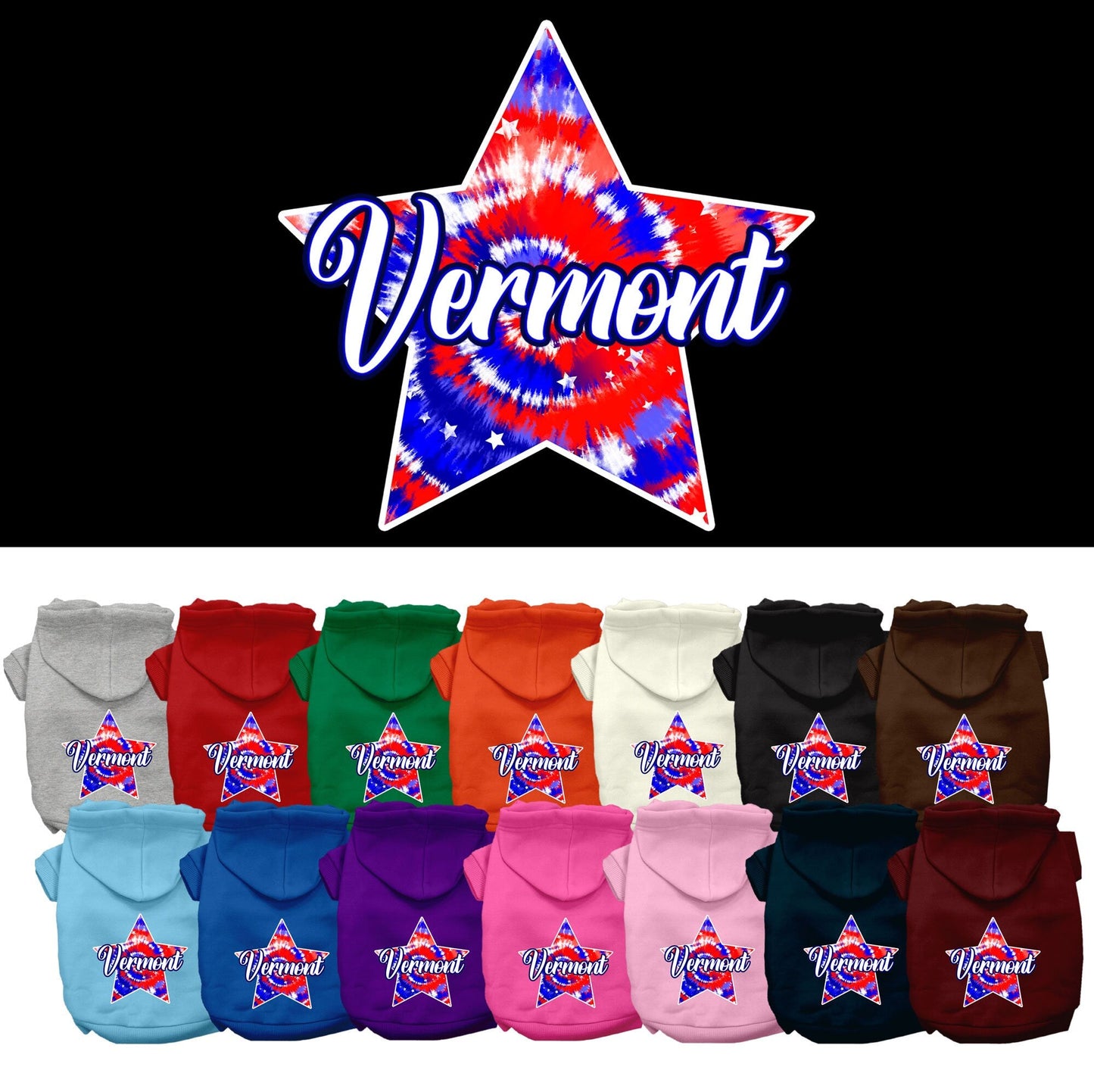 Pet Dog & Cat Screen Printed Hoodie for Small to Medium Pets (Sizes XS-XL), "Vermont Patriotic Tie Dye"