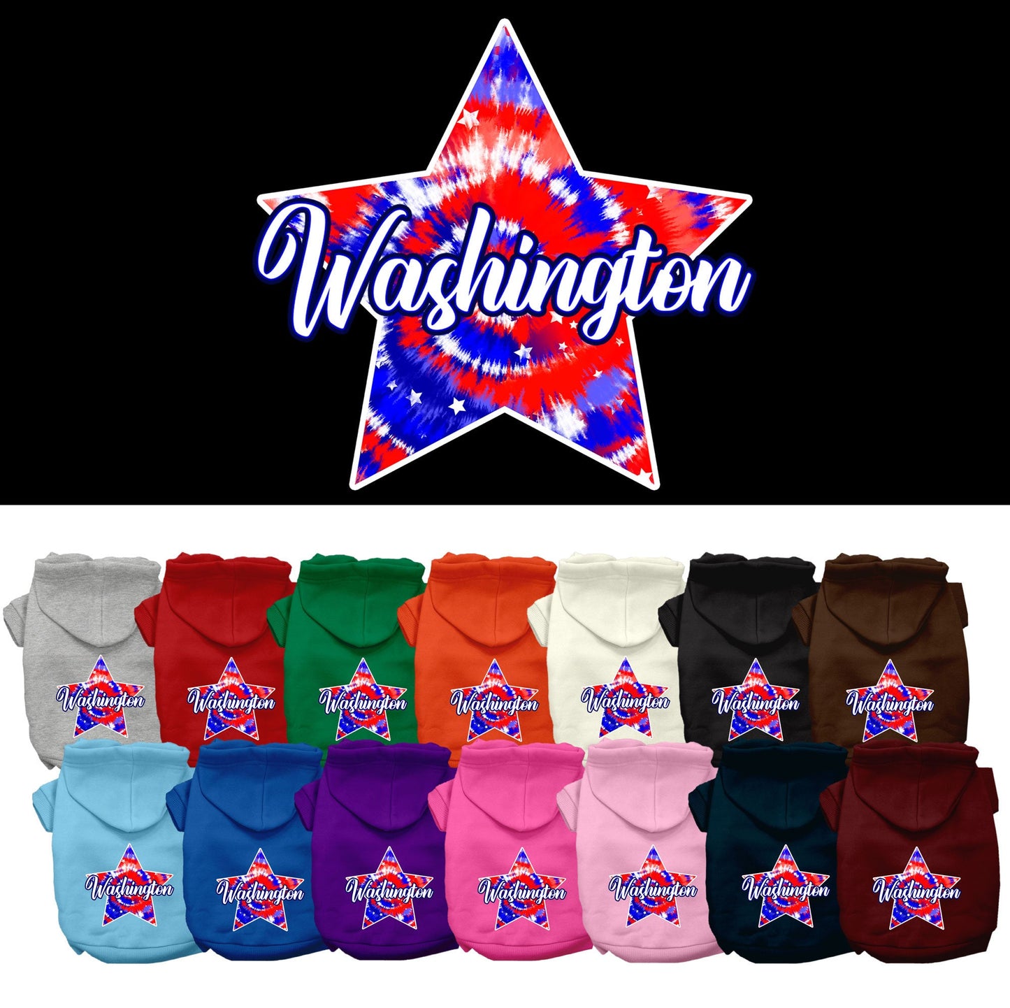 Pet Dog & Cat Screen Printed Hoodie for Small to Medium Pets (Sizes XS-XL), "Washington Patriotic Tie Dye"