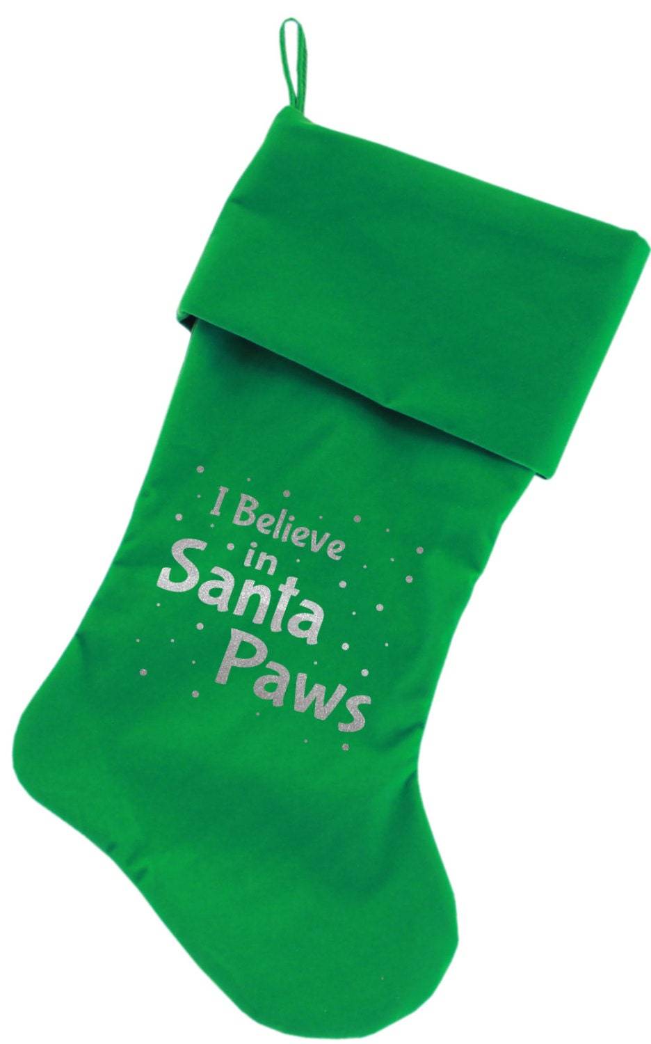 Velvet Christmas Stocking Screen Printed, "I Believe in Santa Paws"