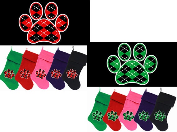 Velvet Christmas Stocking Screen Printed, "Argyle Paw"