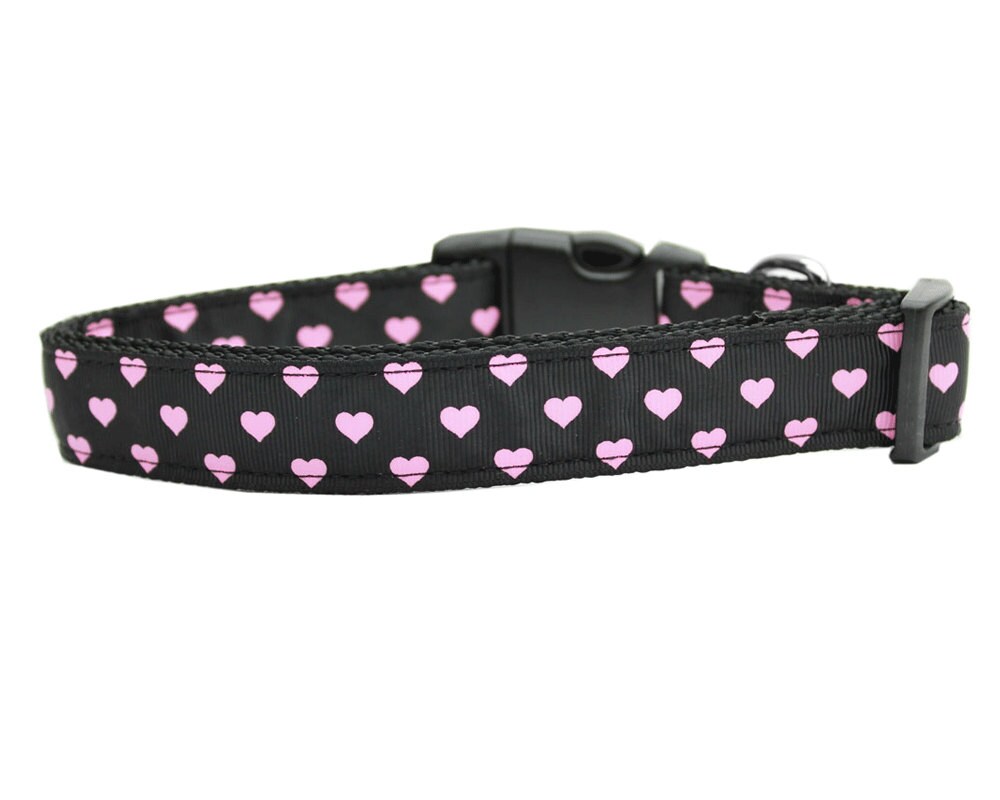 Pet Dog and Cat Nylon Collar or Leash, "Pink & Black Dotty Hearts"