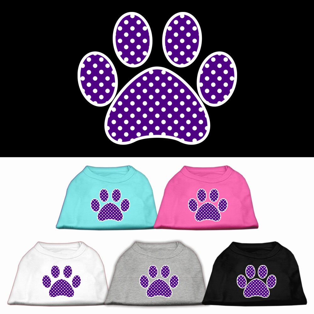 Pet Dog & Cat Shirt Screen Printed, "Swiss Dots Purple Paw"